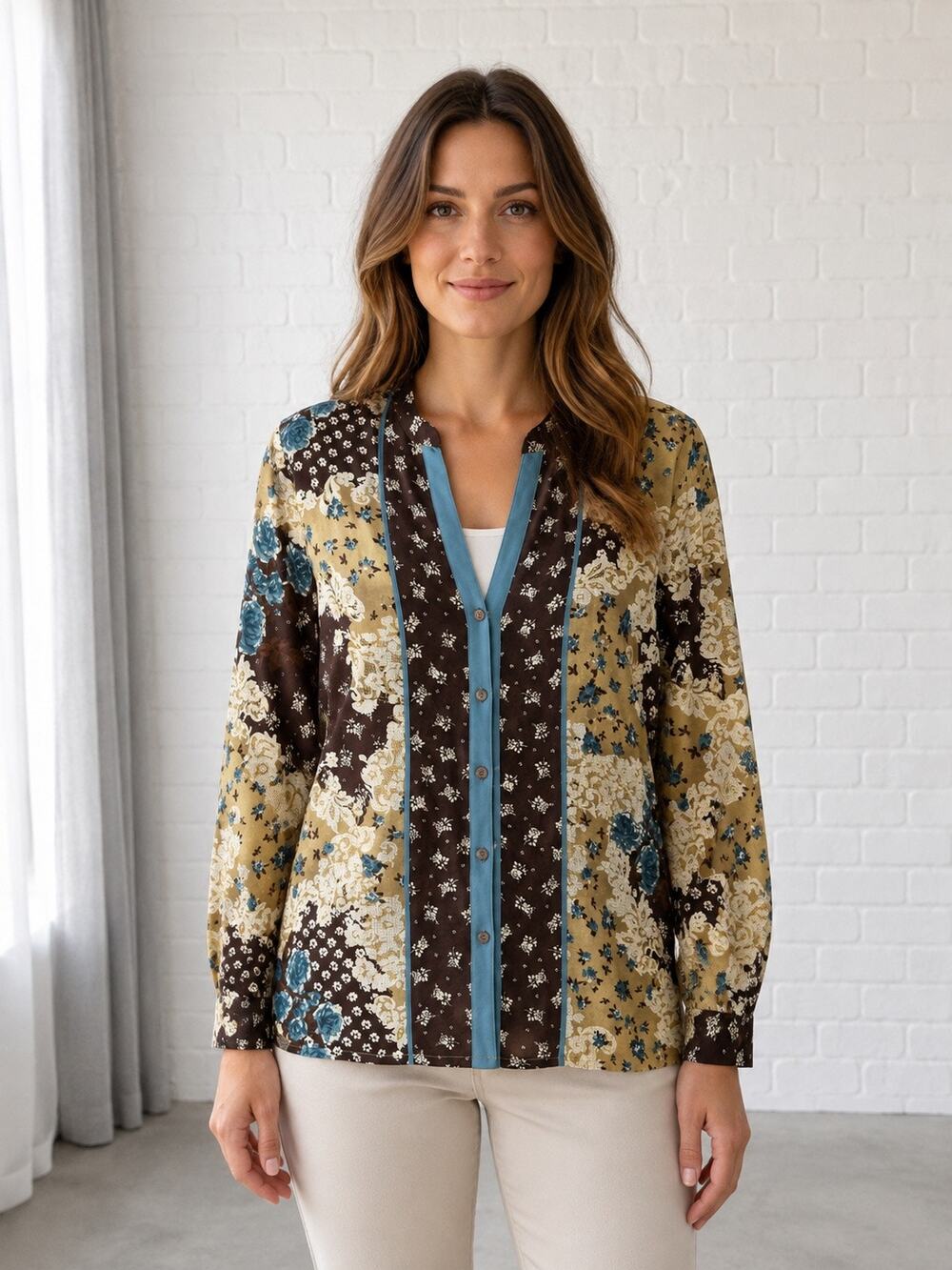 Jordan Women’s M Patchwork Floral Button Front Blouse Brown Blue Cottagecore